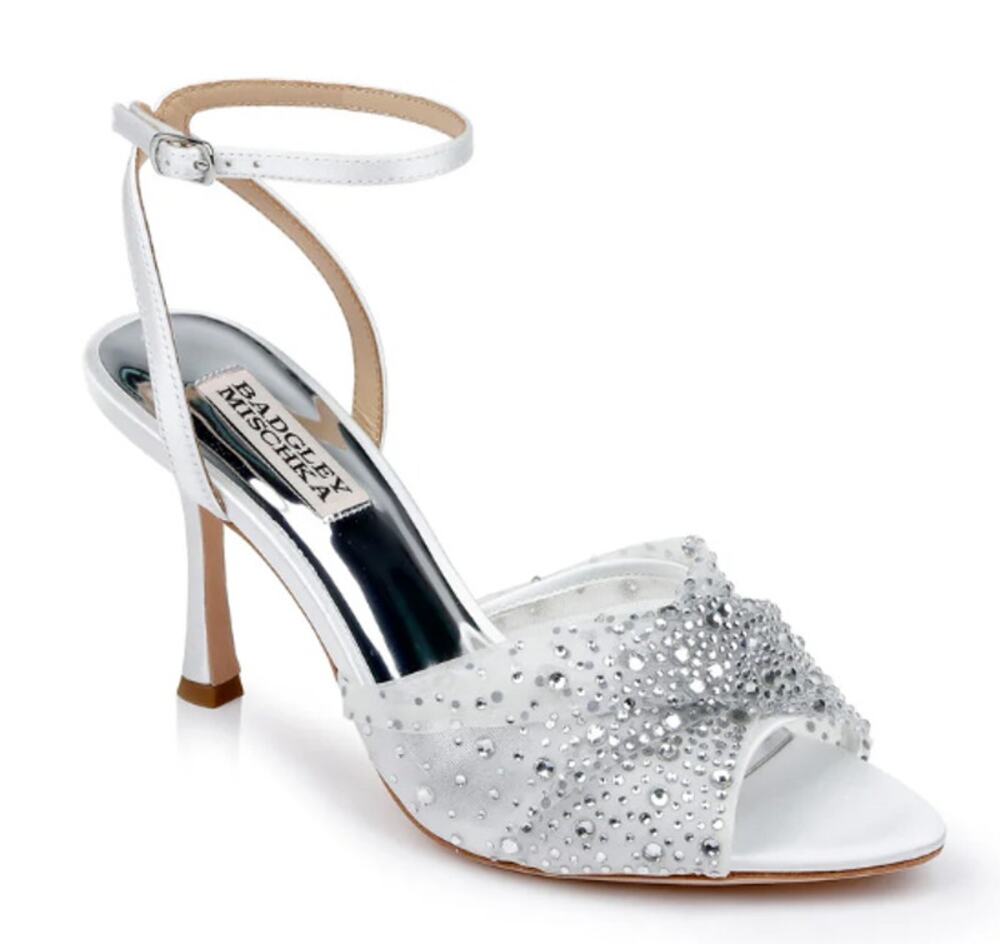 Badgley Mischka Women Cameryn Stiletto Heels US 6.5 Silver Satin Rhinestone NWOB